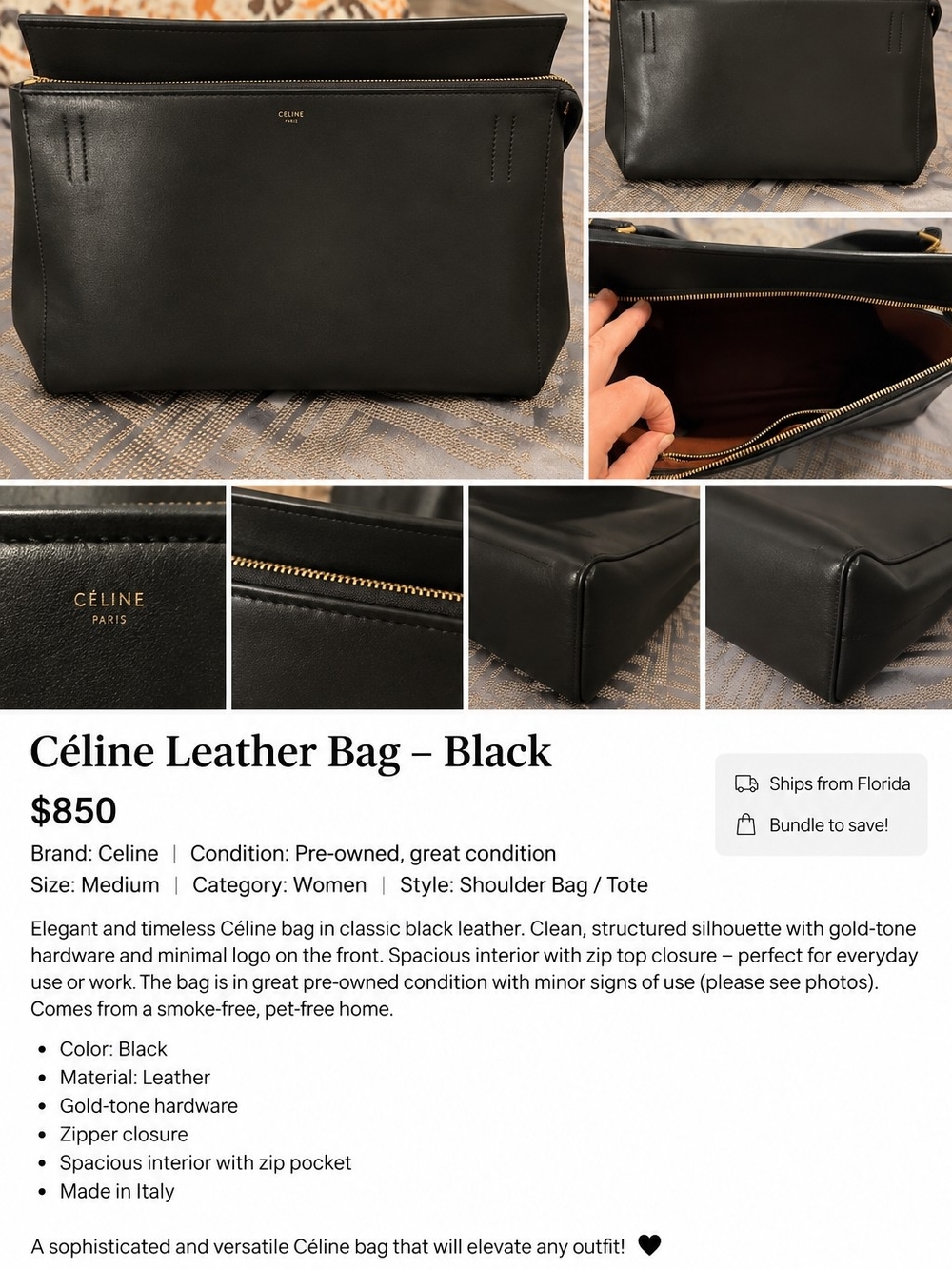 Celine Black Leather Messenger Bag with Gold Hardware
